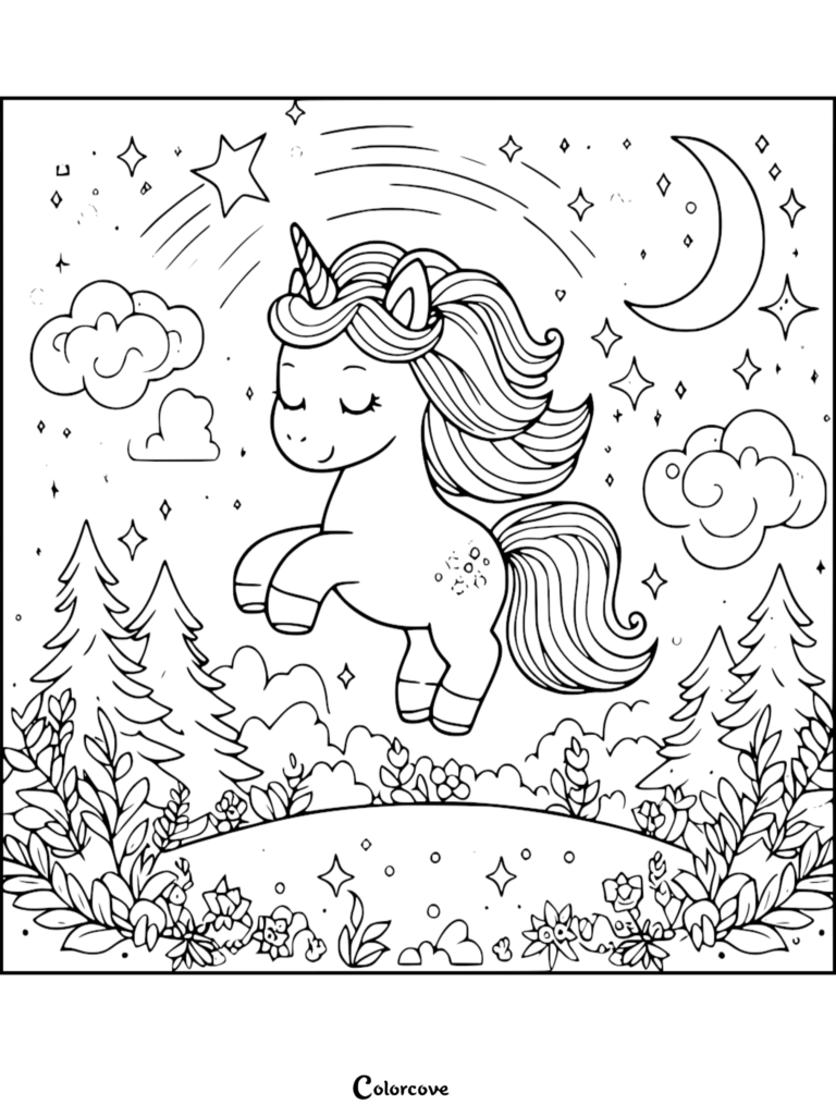 Cute unicorn floating above a flower meadow with a crescent moon and stars in the night sky coloring page