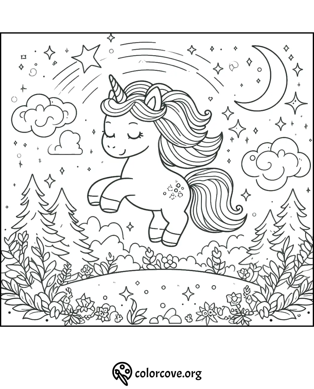 Magical unicorn coloring page with stars, moon, clouds, trees, and flowers in a whimsical night sky scene.