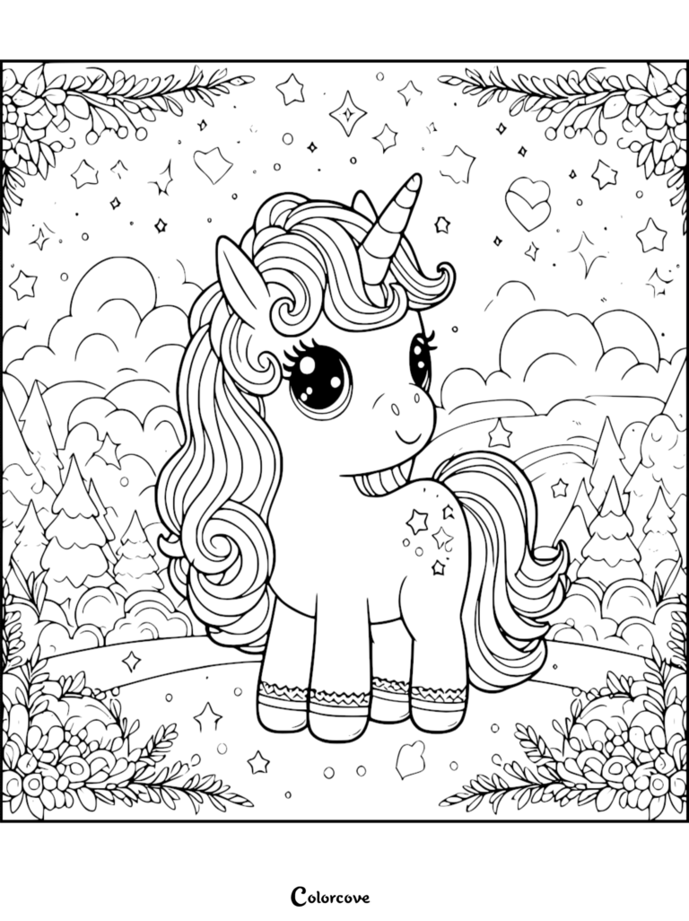 Cute unicorn with curly mane and star markings in a magical forest setting, free printable coloring page.