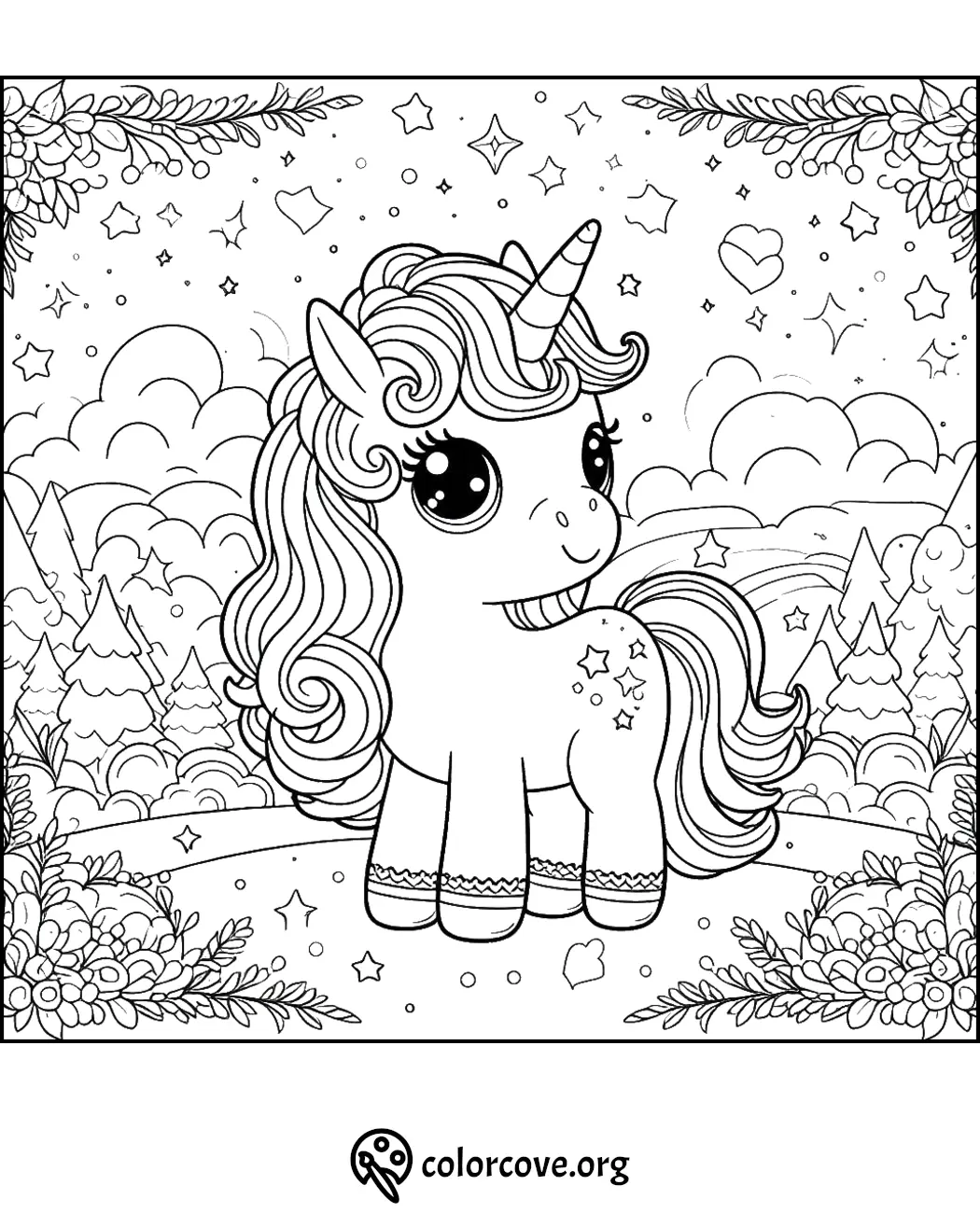 Cute unicorn coloring page with whimsical forest background, stars, hearts, and clouds. Printable coloring sheet from colorcove.org.