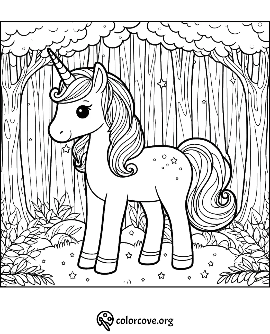 Cute unicorn coloring page for kids, featuring a whimsical unicorn standing in an enchanted forest. Printable activity sheet.