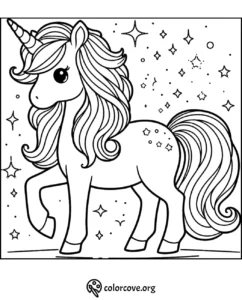 Coloring page of a unicorn with flowing hair and stars in the background. Perfect for kids and fairy-tale lovers.
