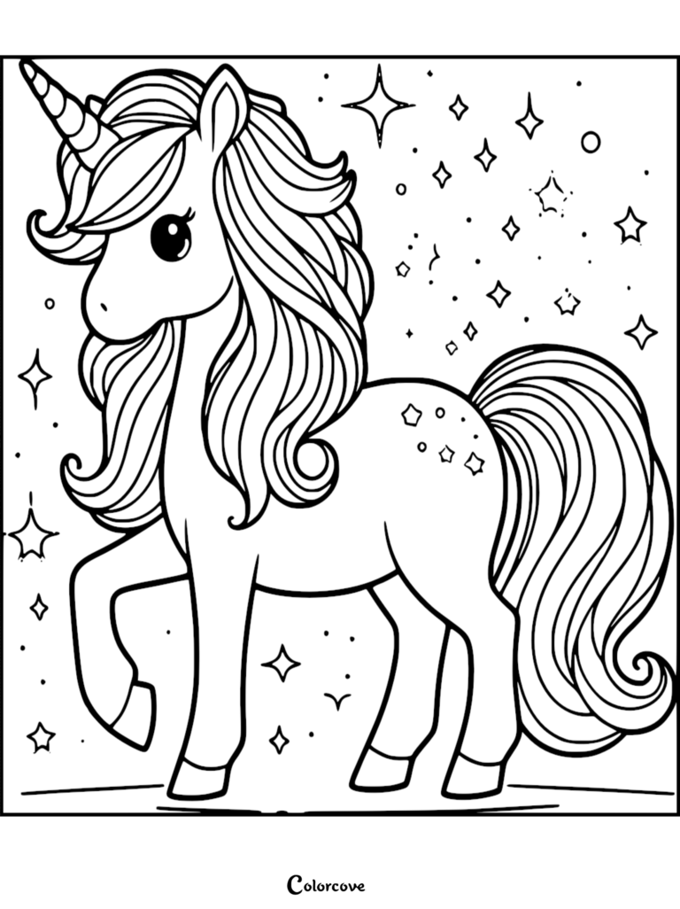 Cute unicorn with a flowing mane and star-filled background in a printable coloring page.