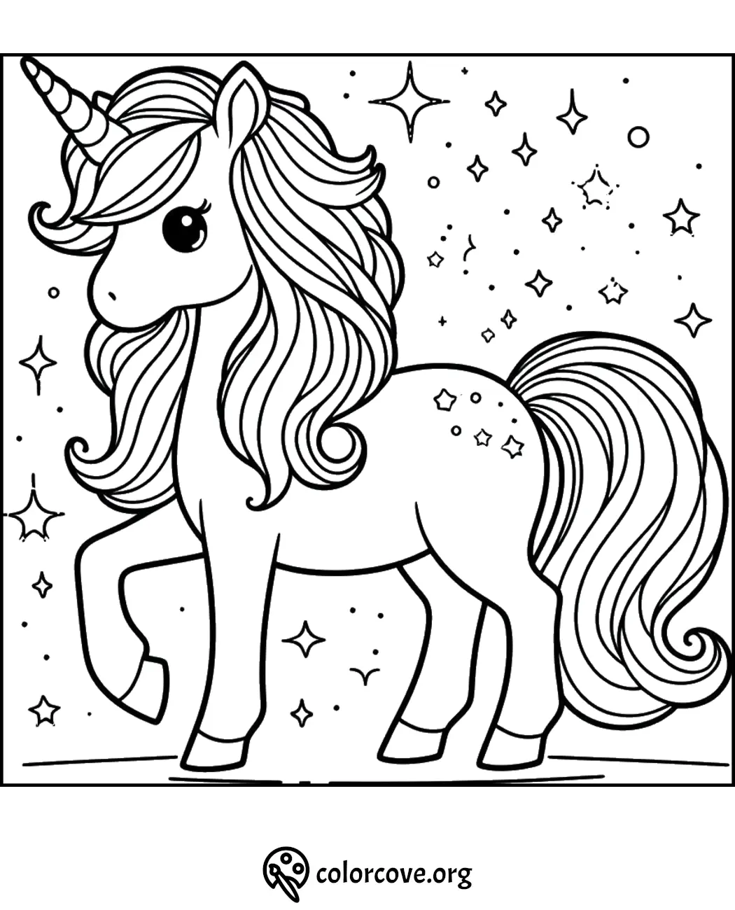 Coloring page of a unicorn with flowing hair and stars in the background. Perfect for kids and fairy-tale lovers.