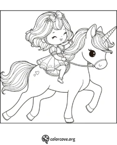 Cute girl riding a unicorn coloring page for kids. Download this printable coloring sheet at colorcove.org.