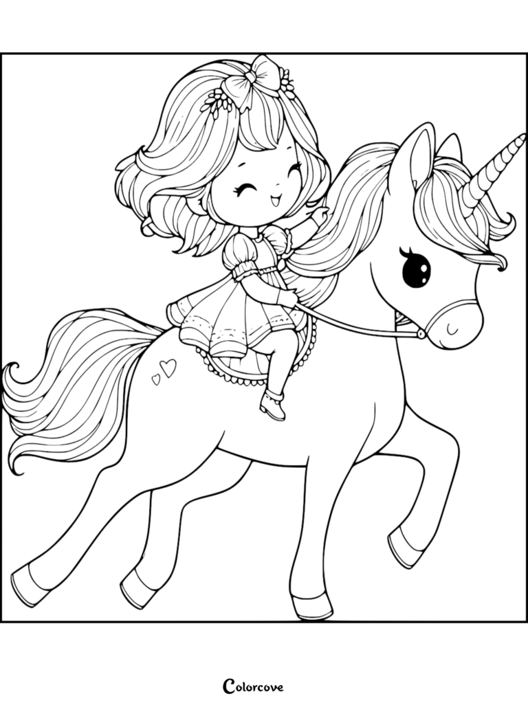 A cute girl with a bow in her hair riding a unicorn, printable coloring page.