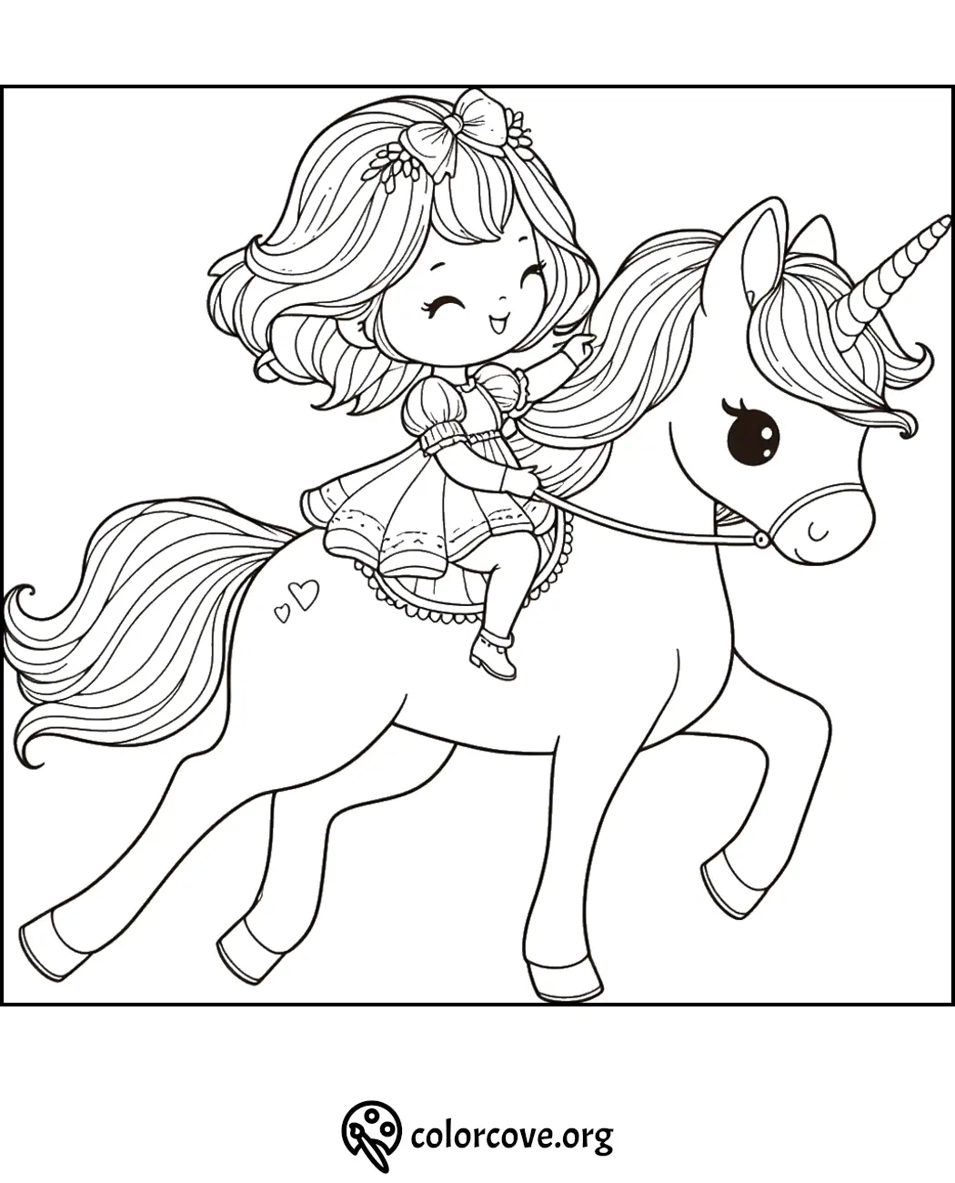 Cute girl riding a unicorn coloring page for kids. Download this printable coloring sheet at colorcove.org.