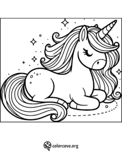 Coloring page of a cute sleeping unicorn with a flowing mane and tail, decorated with stars and sparkles in the background.