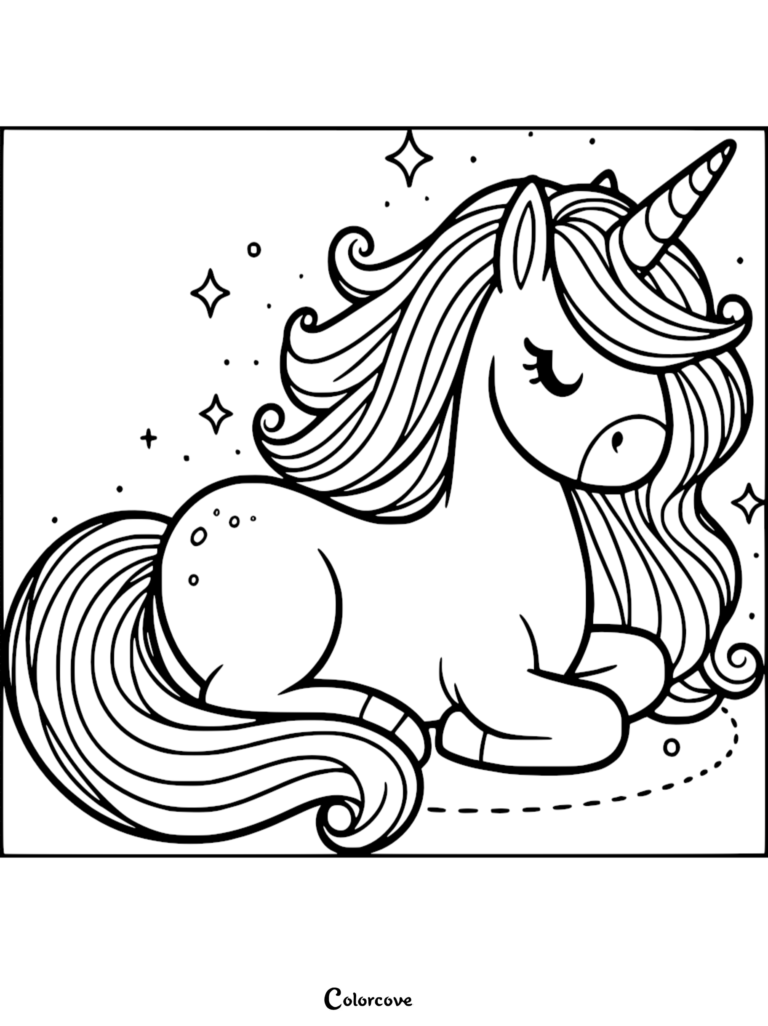 A cute unicorn resting with a flowing mane and stars in this free printable coloring page.