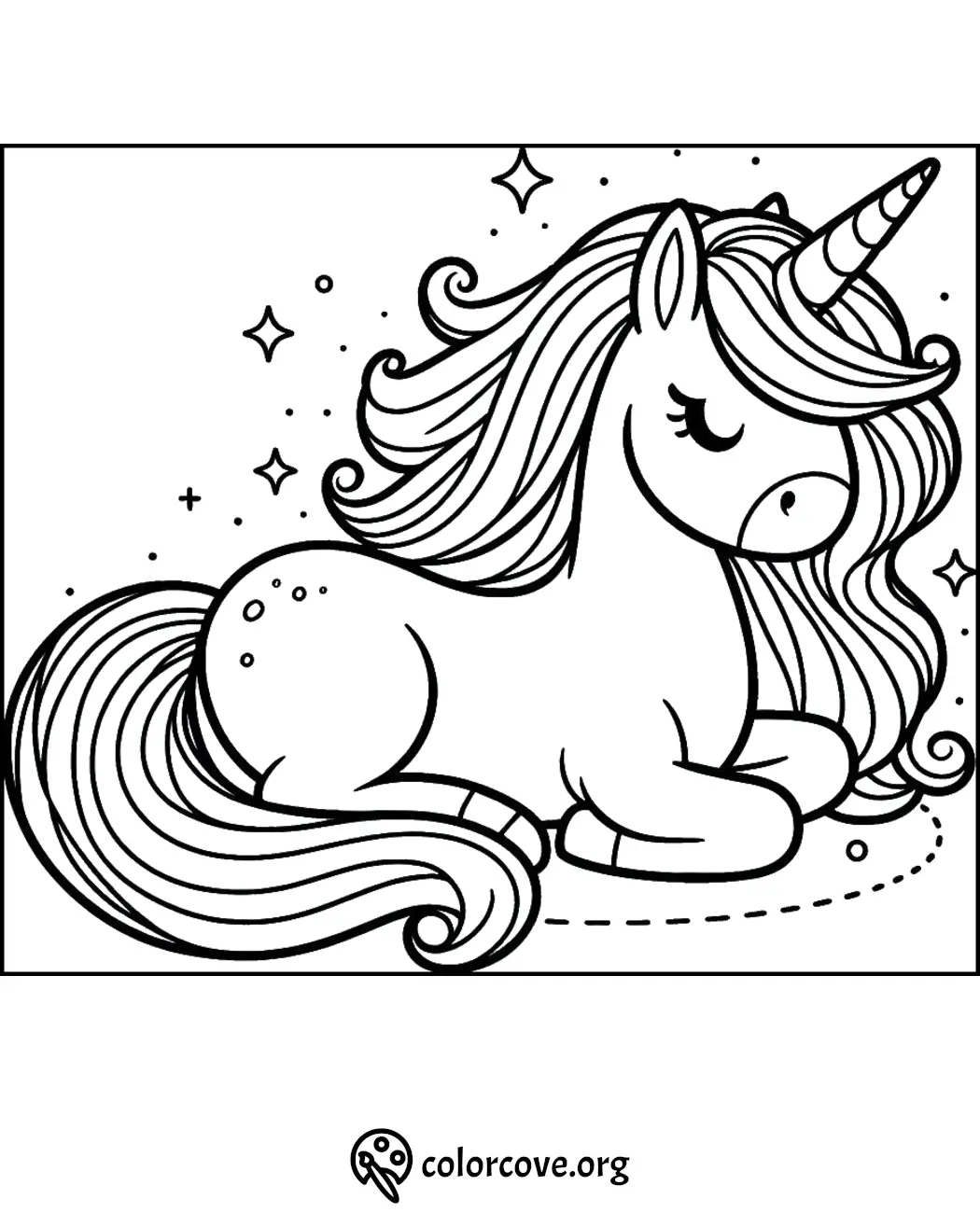 Coloring page of a cute sleeping unicorn with a flowing mane and tail, decorated with stars and sparkles in the background.