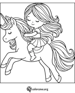 Girl riding a unicorn coloring page from colorcove.org, perfect for kids' activities and unicorn-themed fun.