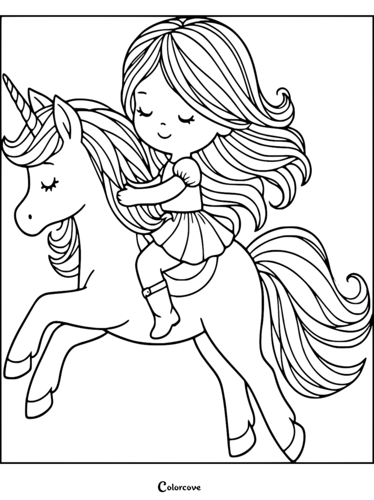 A cute girl with long hair riding a unicorn in this free printable coloring page.