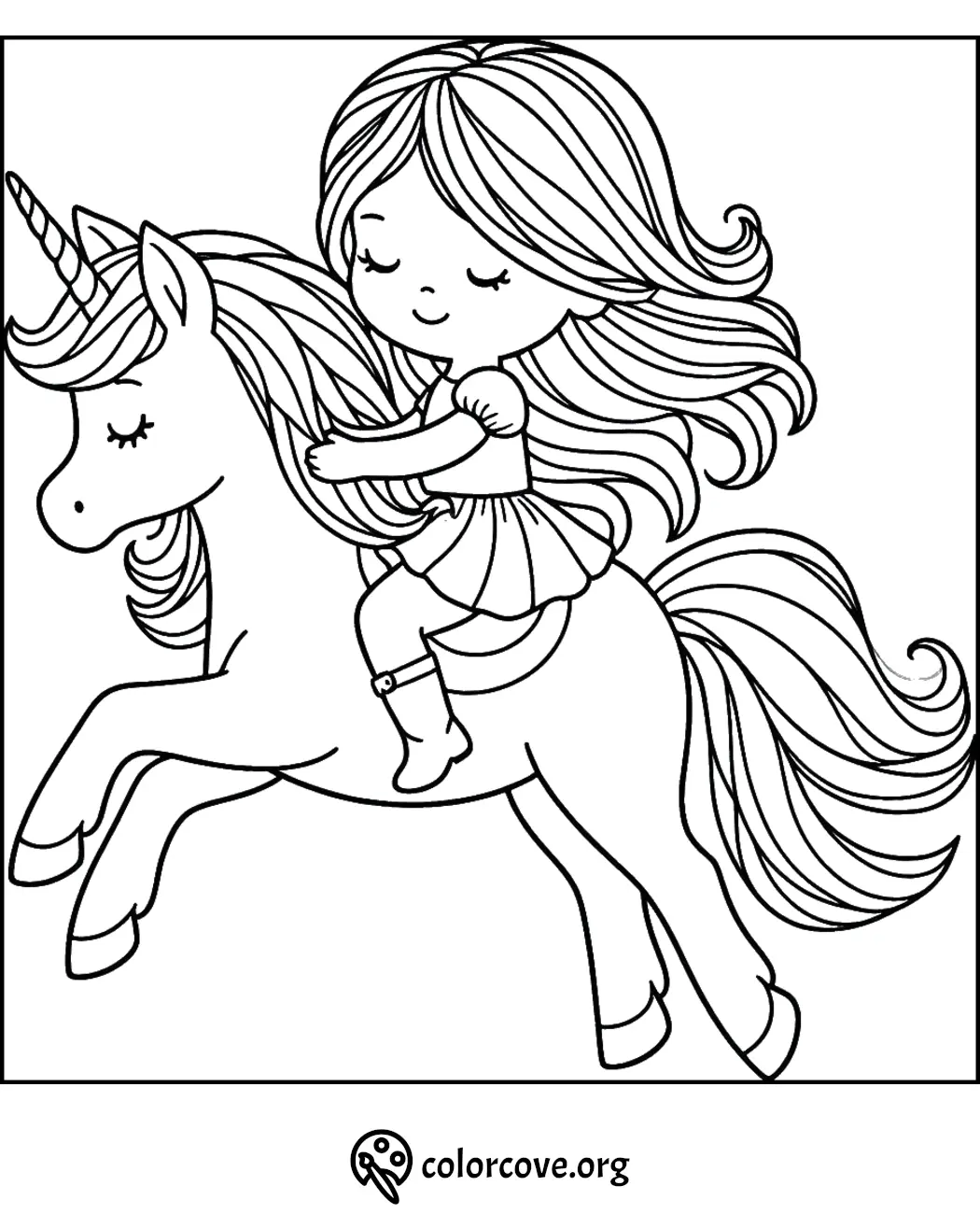 Girl riding a unicorn coloring page from colorcove.org, perfect for kids' activities and unicorn-themed fun.