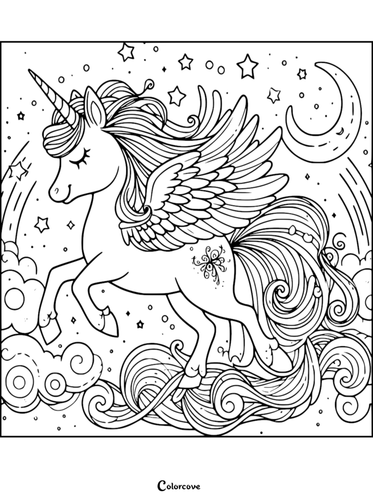 A winged unicorn flying through clouds with stars and a crescent moon in this free printable coloring page.