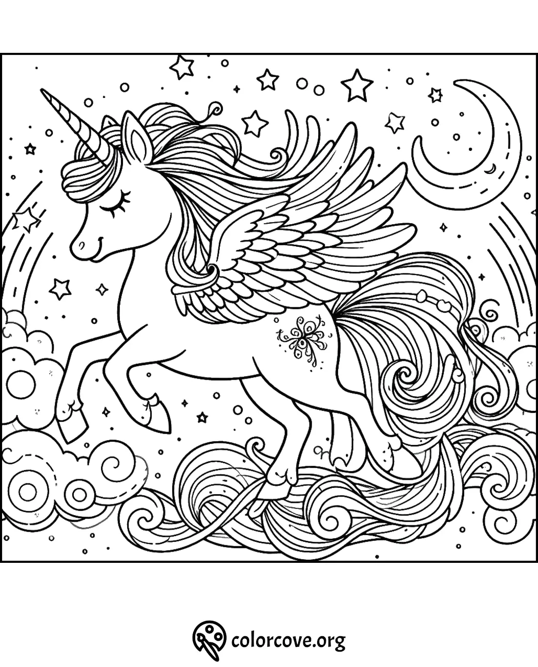 Magical unicorn with wings coloring page for kids featuring stars, moon, clouds, and intricate designs - colorcove.org.