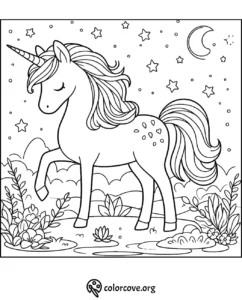 Unicorn coloring page with stars and moon in the background, plants in the foreground. Perfect for kids and fantasy lovers.