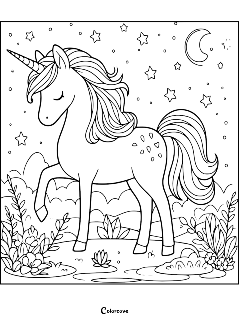 A cute unicorn with a flowing mane and heart-shaped spots standing in a starry night garden coloring page.