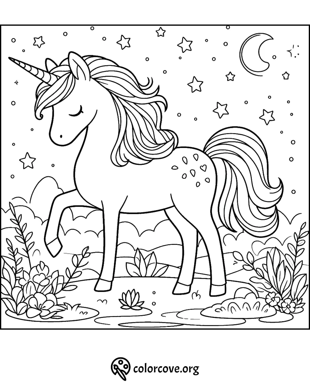 Unicorn coloring page with stars and moon in the background, plants in the foreground. Perfect for kids and fantasy lovers.