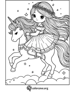 Girl riding unicorn coloring page, featuring flowing hair, crown of flowers, stars, and clouds. Image from colorcove.org.