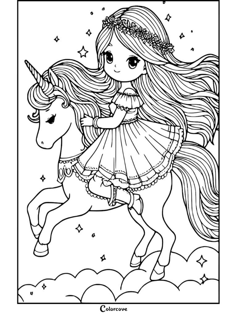 A cute girl with a flower crown riding a magical unicorn through the starry sky, featured in this free printable coloring page.