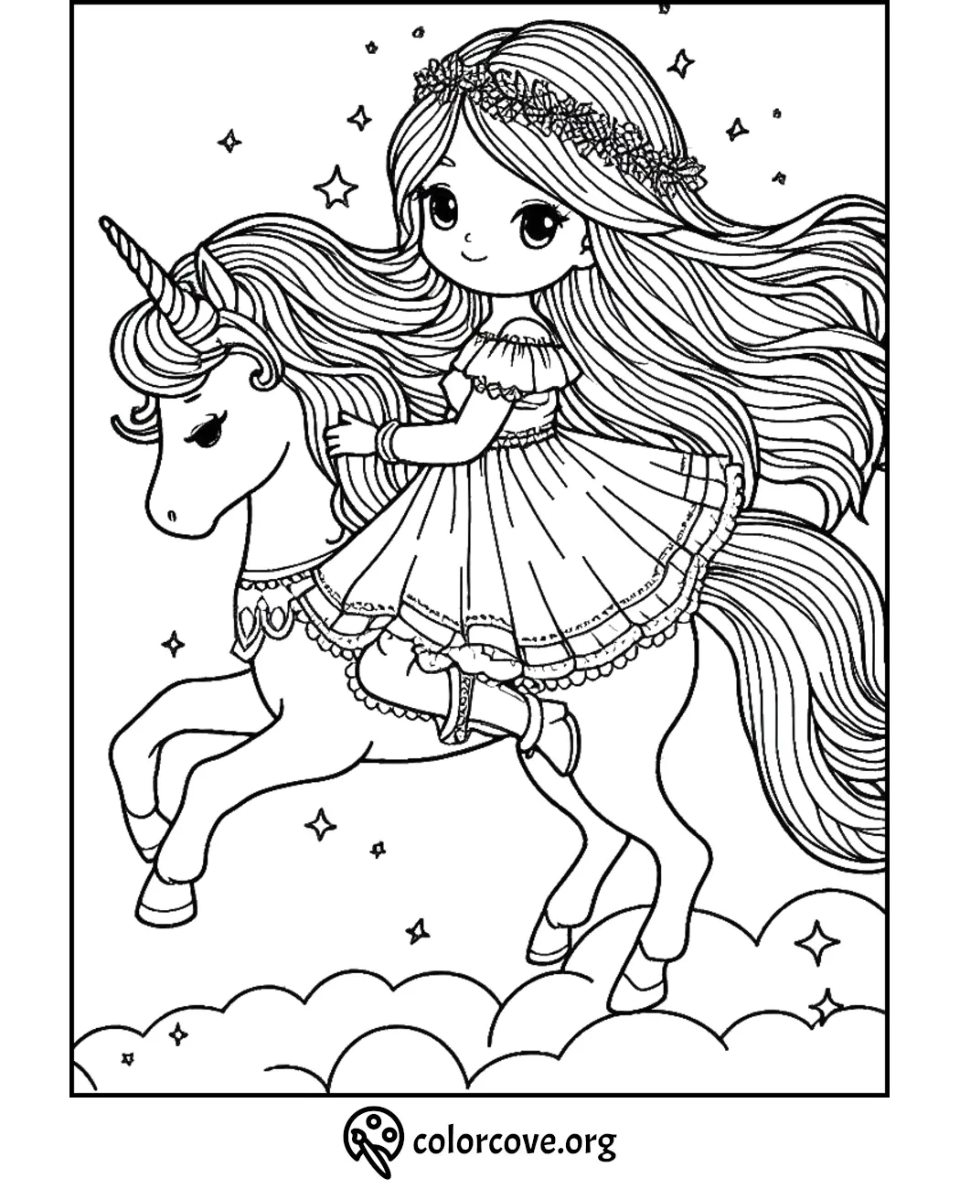 Girl riding unicorn coloring page, featuring flowing hair, crown of flowers, stars, and clouds. Image from colorcove.org.