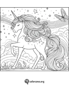 Magical unicorn coloring page with a butterfly, rainbow, stars, and clouds. Perfect for kids' creativity and fun coloring.