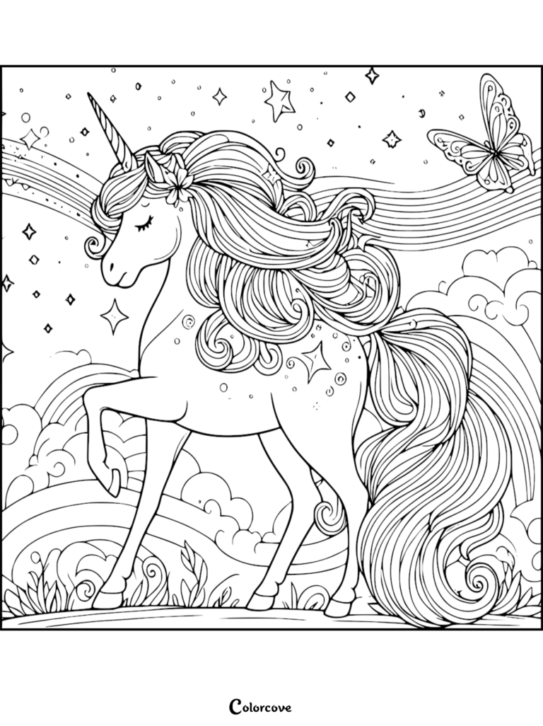 Cute unicorn with a flowing mane and butterfly in a magical rainbow sky coloring page