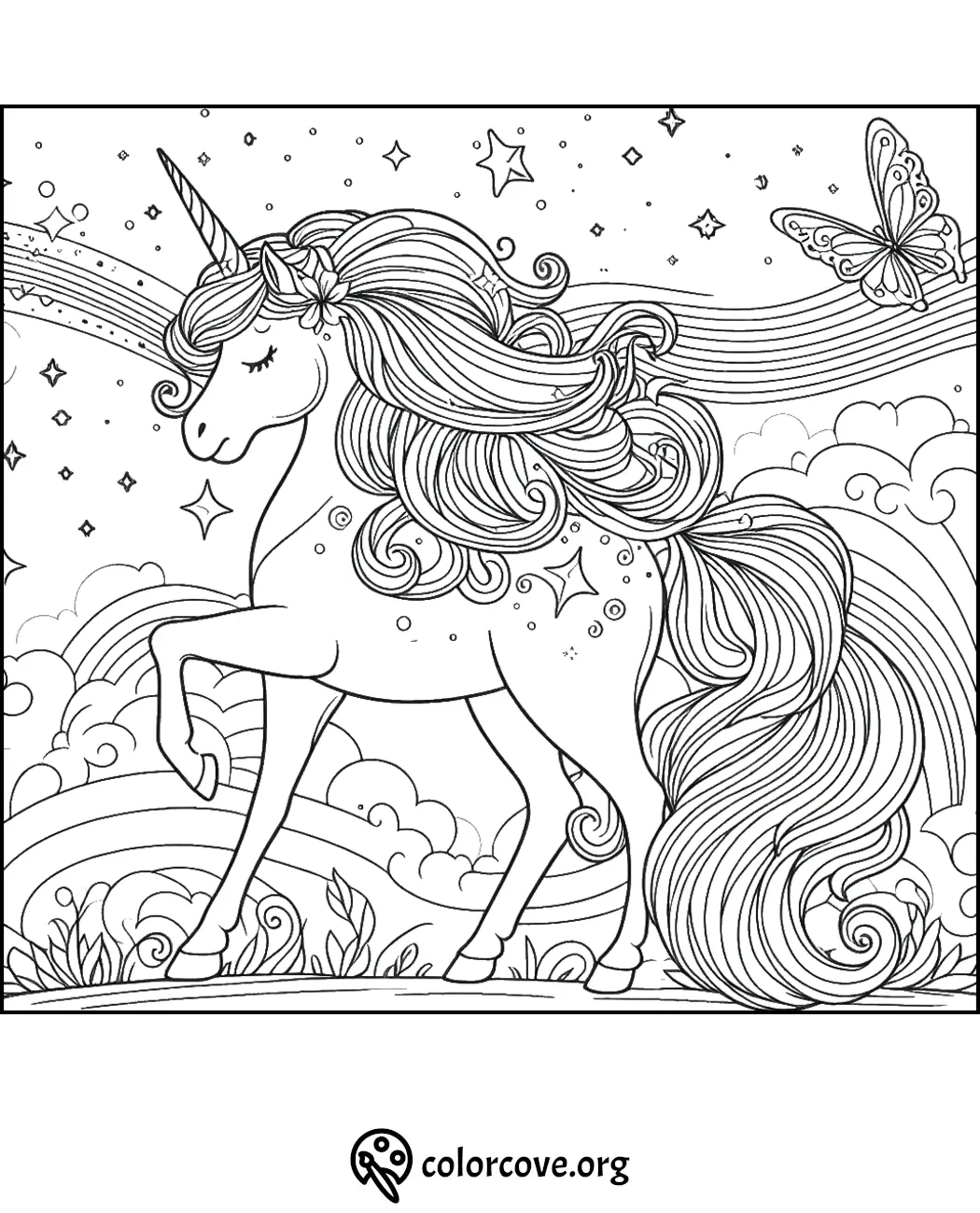 Magical unicorn coloring page with a butterfly, rainbow, stars, and clouds. Perfect for kids' creativity and fun coloring.