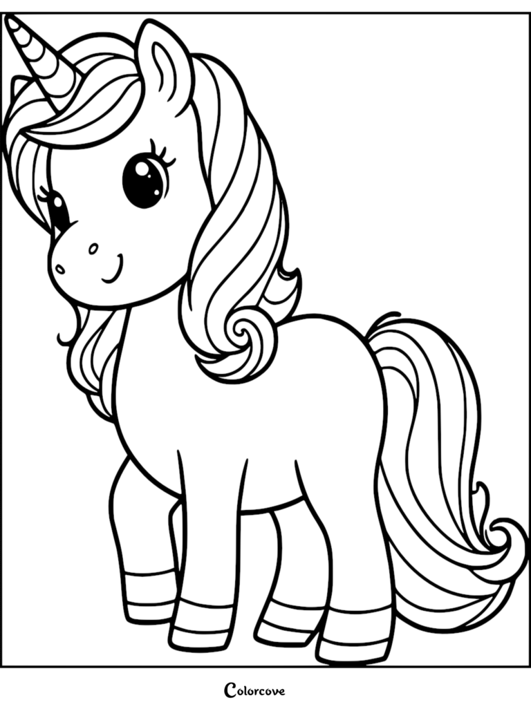 A cute unicorn with a flowing mane and tail in a free printable coloring page.