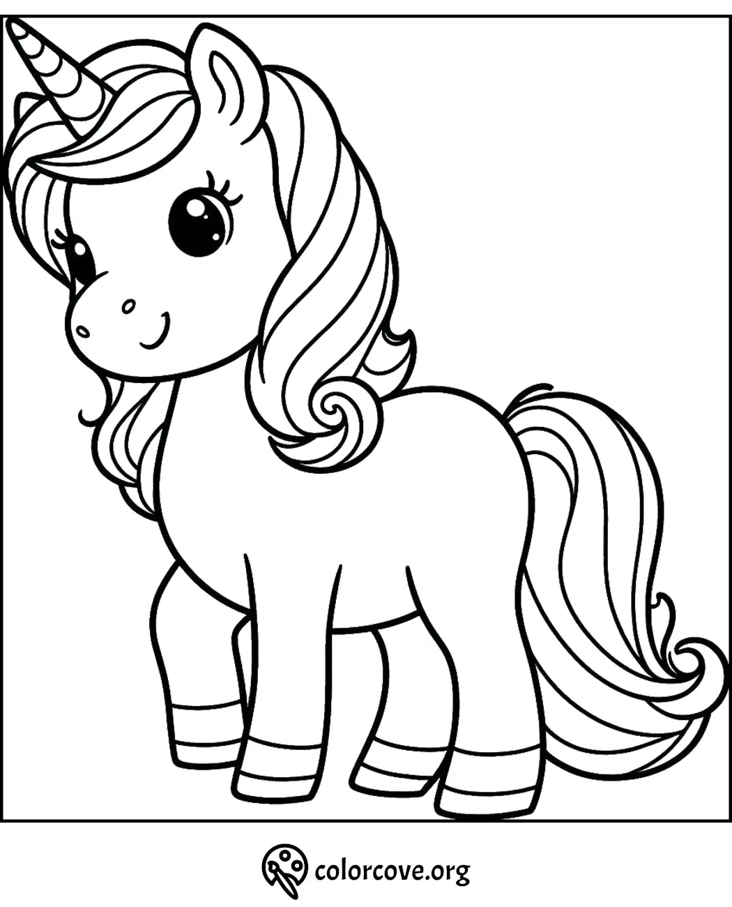 Cute unicorn coloring page with flowing mane and tail, offering a fun and creative coloring activity for kids.