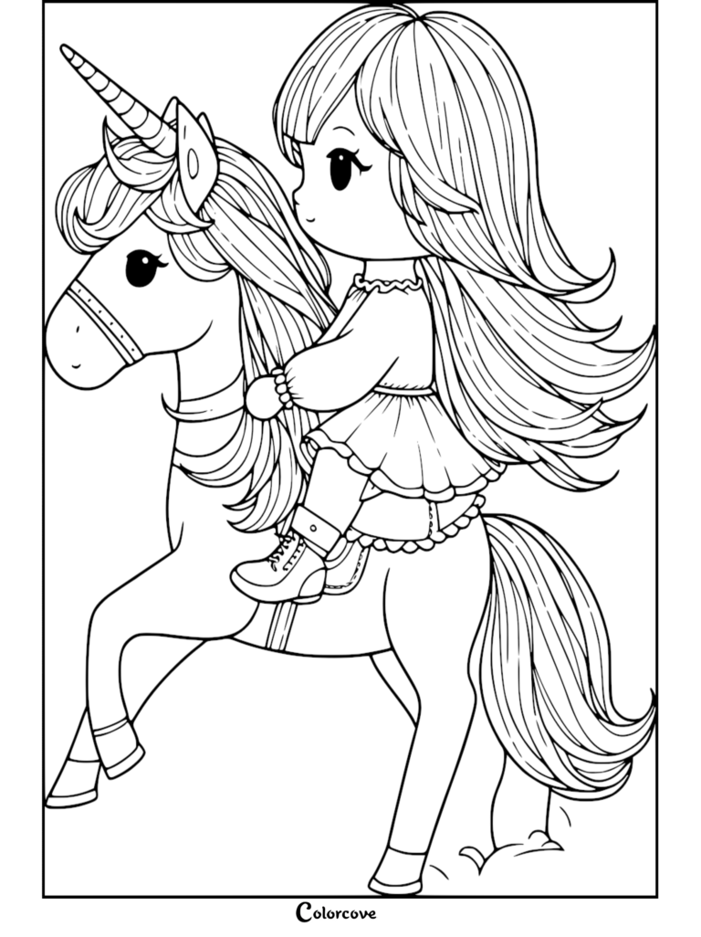A cute girl with long hair riding a unicorn in this free printable coloring page.