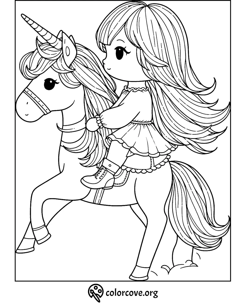 Coloring page featuring a girl with long hair riding a unicorn, with intricate details for kids to color.