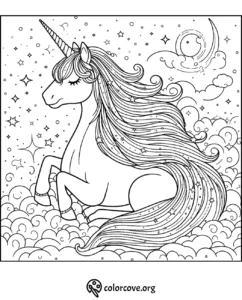 Unicorn coloring page featuring a majestic unicorn with a flowing mane, surrounded by stars, clouds, and a crescent moon.