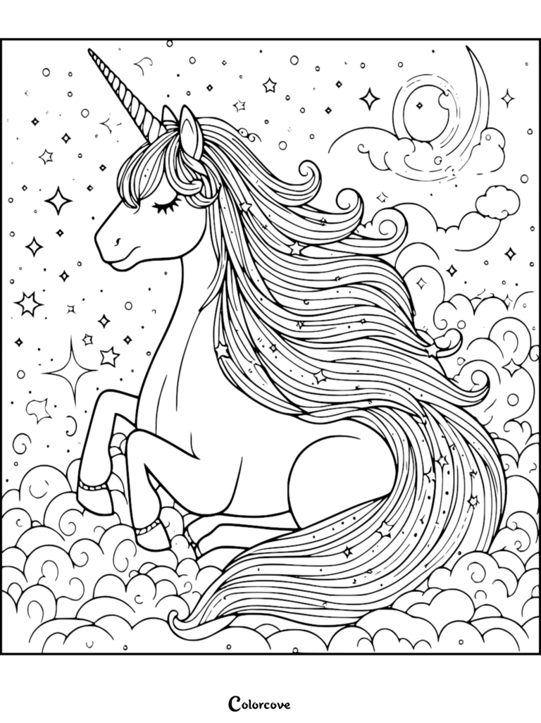 A cute unicorn resting on fluffy clouds under a starry night sky, printable coloring page.