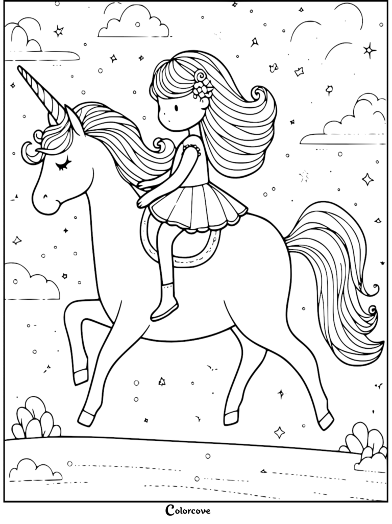 A cute girl with long hair riding a magical unicorn in a starry sky, featured in a free printable coloring page.