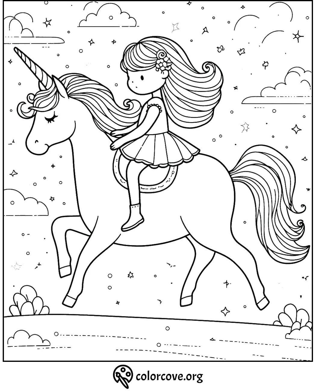 Coloring page of a girl riding a unicorn through a starry sky with clouds. Suitable for kids' coloring activities.