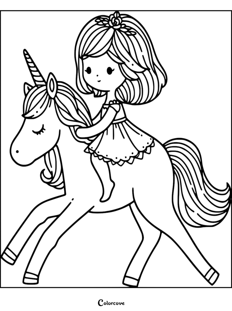 A cute girl with a flower crown riding a unicorn in this free printable coloring page.