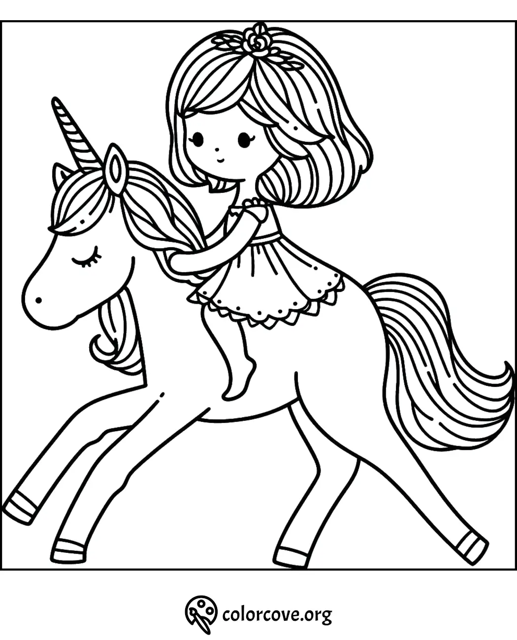 Coloring page of a girl riding a unicorn, perfect for kids' activities and printable fun from colorcove.org.