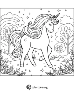 Coloring page featuring a beautiful unicorn in a magical forest with rainbow, stars, and trees. Perfect for kids' creativity.