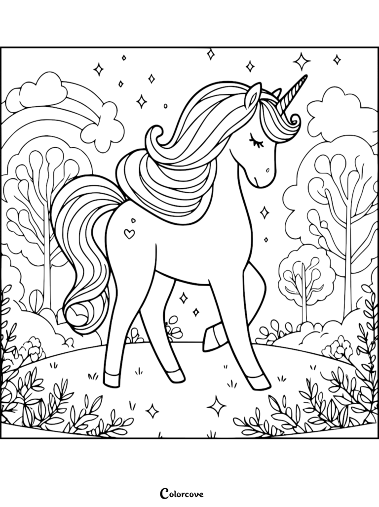 A cute unicorn with a heart mark standing in a magical forest with a rainbow, printable coloring page.