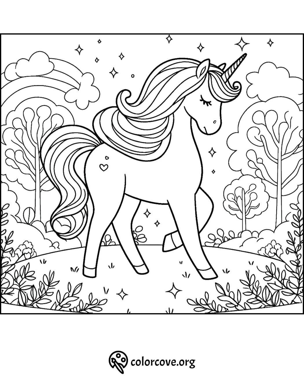 Coloring page featuring a beautiful unicorn in a magical forest with rainbow, stars, and trees. Perfect for kids' creativity.