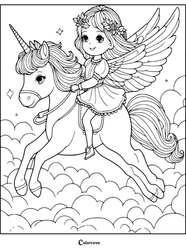 A girl with wings and a flower crown riding a cute unicorn through the clouds in this free printable coloring page.