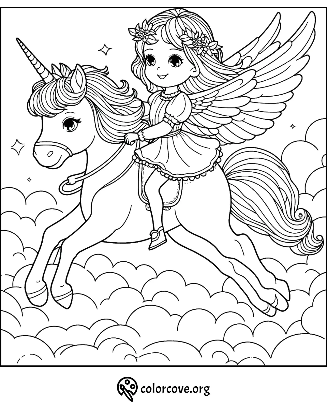 Coloring page of a girl with wings riding a unicorn above the clouds, ideal for kids' imaginative coloring activities.