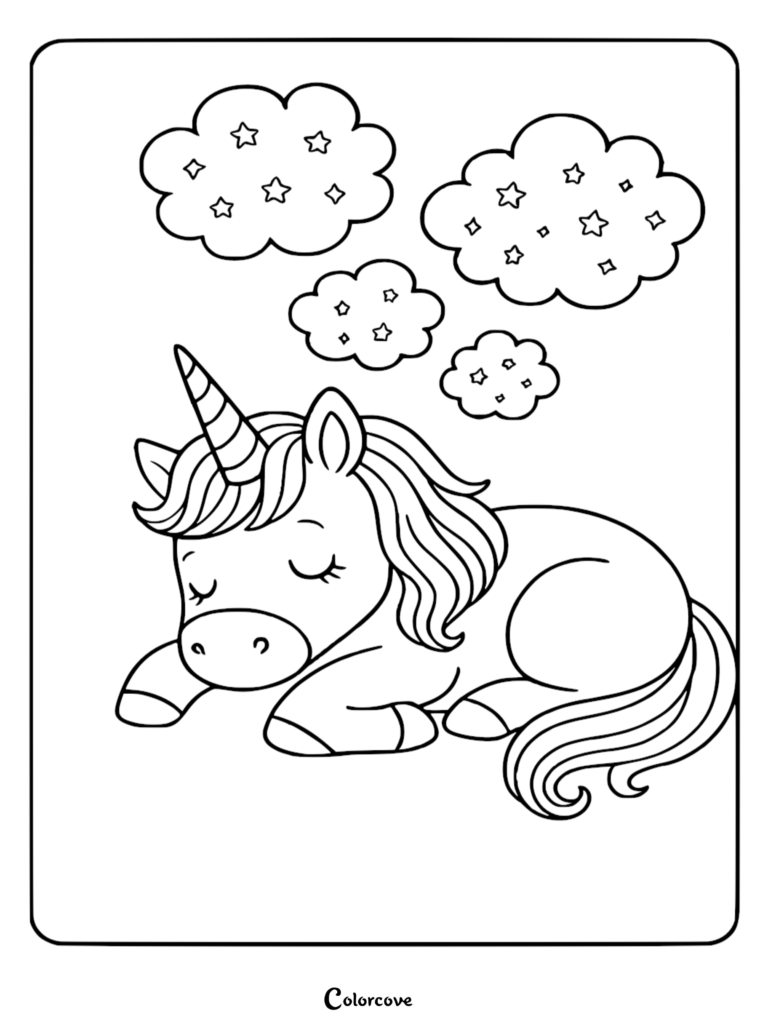 A cute unicorn sleeping under starry clouds in this free printable coloring page.