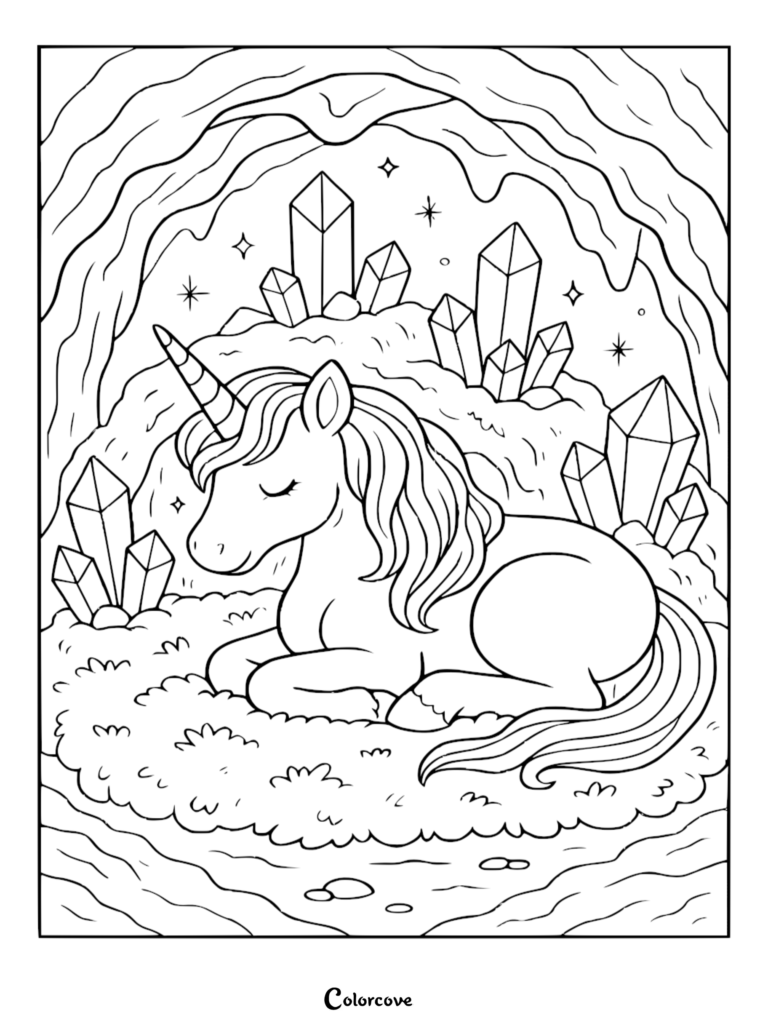 A cute unicorn resting peacefully inside a magical crystal cave, printable coloring page.