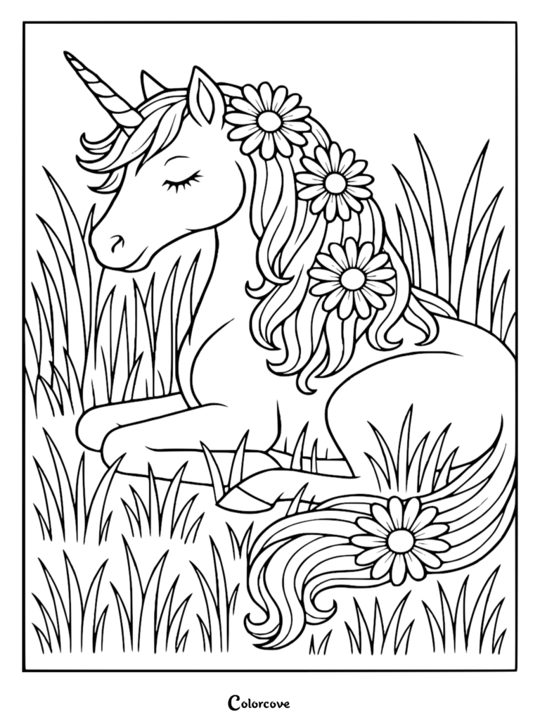 A cute unicorn with a flower-adorned mane resting in tall grass, featured in this free printable coloring page.