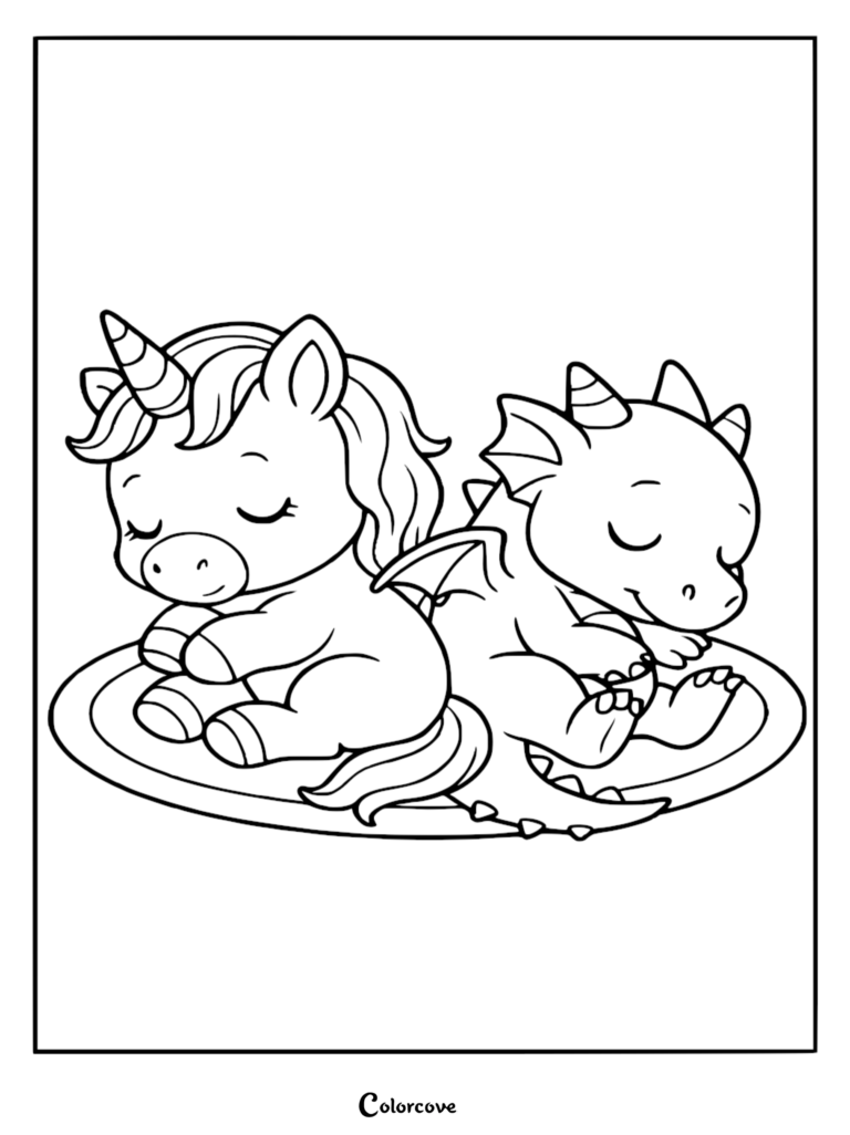 A cute unicorn and a small dragon sleeping back-to-back on a round rug in this printable coloring page.