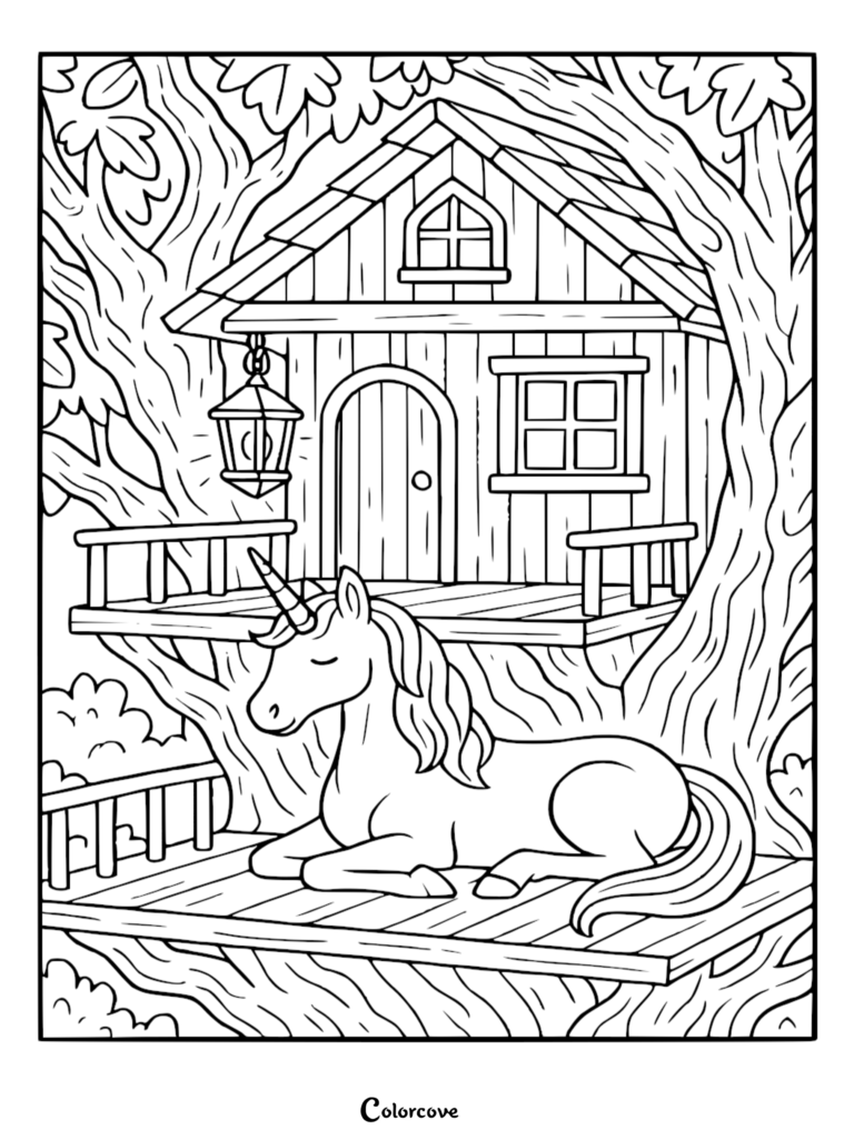 A peaceful unicorn resting on the wooden deck of a treehouse in this free printable coloring page.