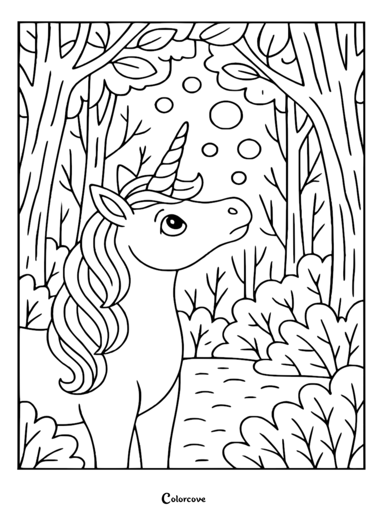 A cute unicorn standing in a forest with floating bubbles in this free printable coloring page.