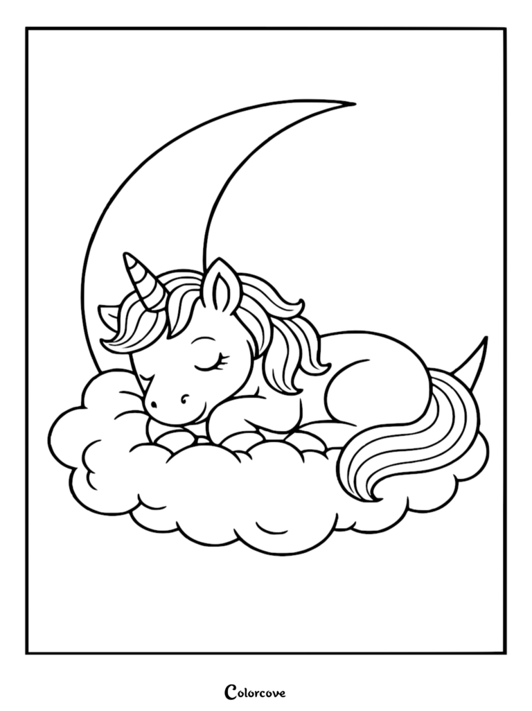 A cute unicorn sleeping peacefully on a fluffy cloud in front of a crescent moon, printable coloring page.